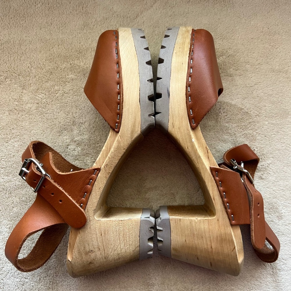 MIA Anja Women 7.5-8 EU 38 Tan Leather Clog Sandals Wooden Platform Ankle Strap - Picture 4 of 16